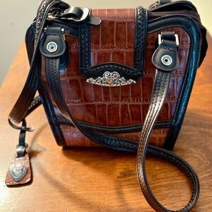 Brown and Black Croc-Embossed Handbag